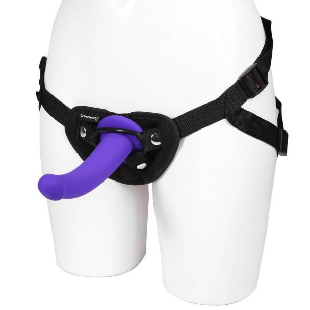 purple dildo and strap on harness