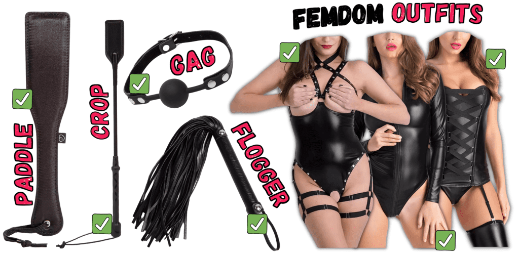 list of femdom toys and tools with pictures of the tools and outfits