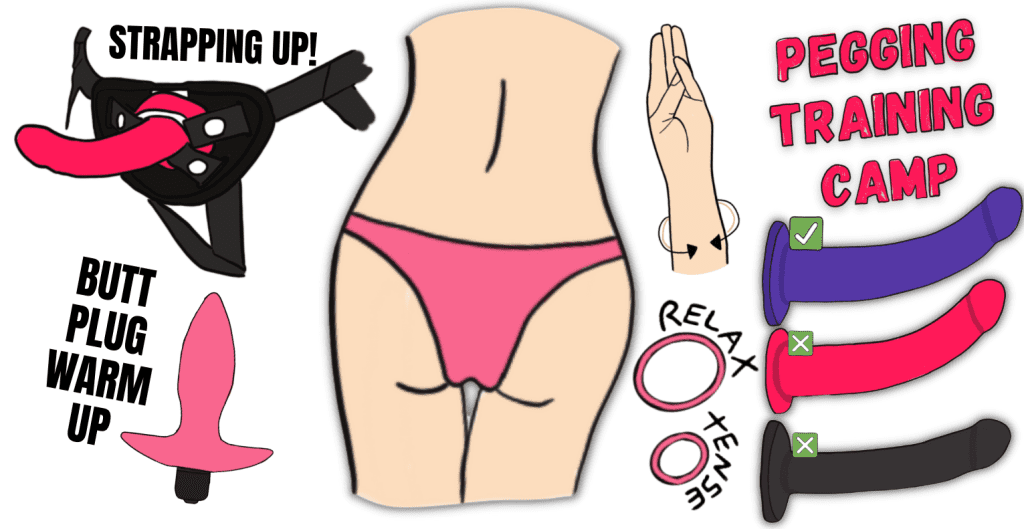 cartoon of a butt plug, pegging strap on, different pegging dildos and a pegging technique